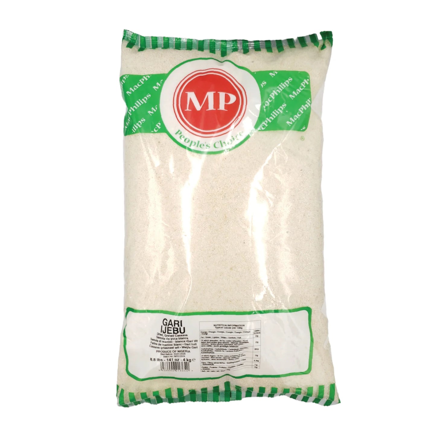 MP brand white gari 4kg – high-quality cassava flour in large bag