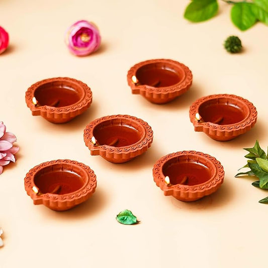 Artisyn Set of 6 Brown Decorative Clay Diyas, Mitti Diya - Diwali Decoration Items for Home Decor.